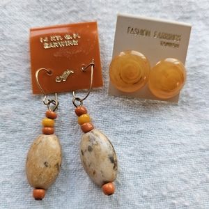 Stone Rock Dangle & Round Earrings, 14 KT Gold Filled Earwire, Orange, NWOT